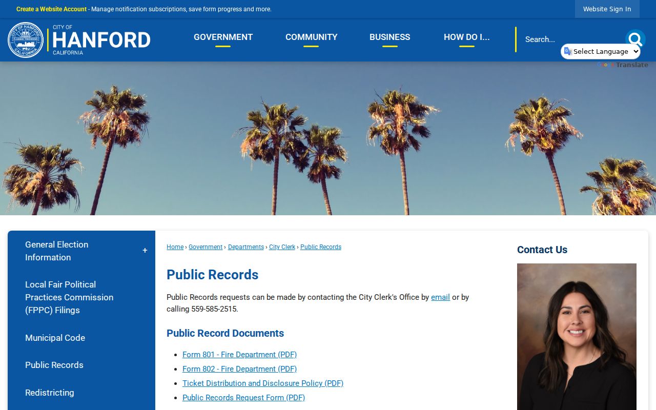 Hanford residents directory view of the Hanford public records request route