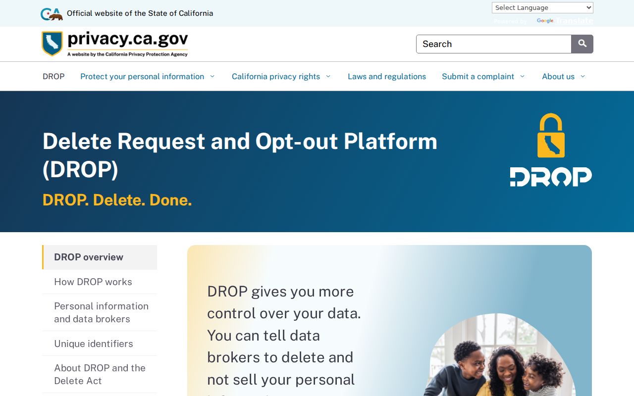 Hanford neighbors California DROP deletion request system