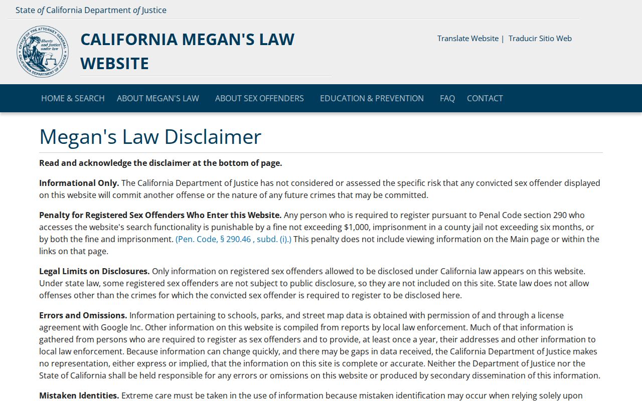Hanford neighbors California Megan's Law registry information