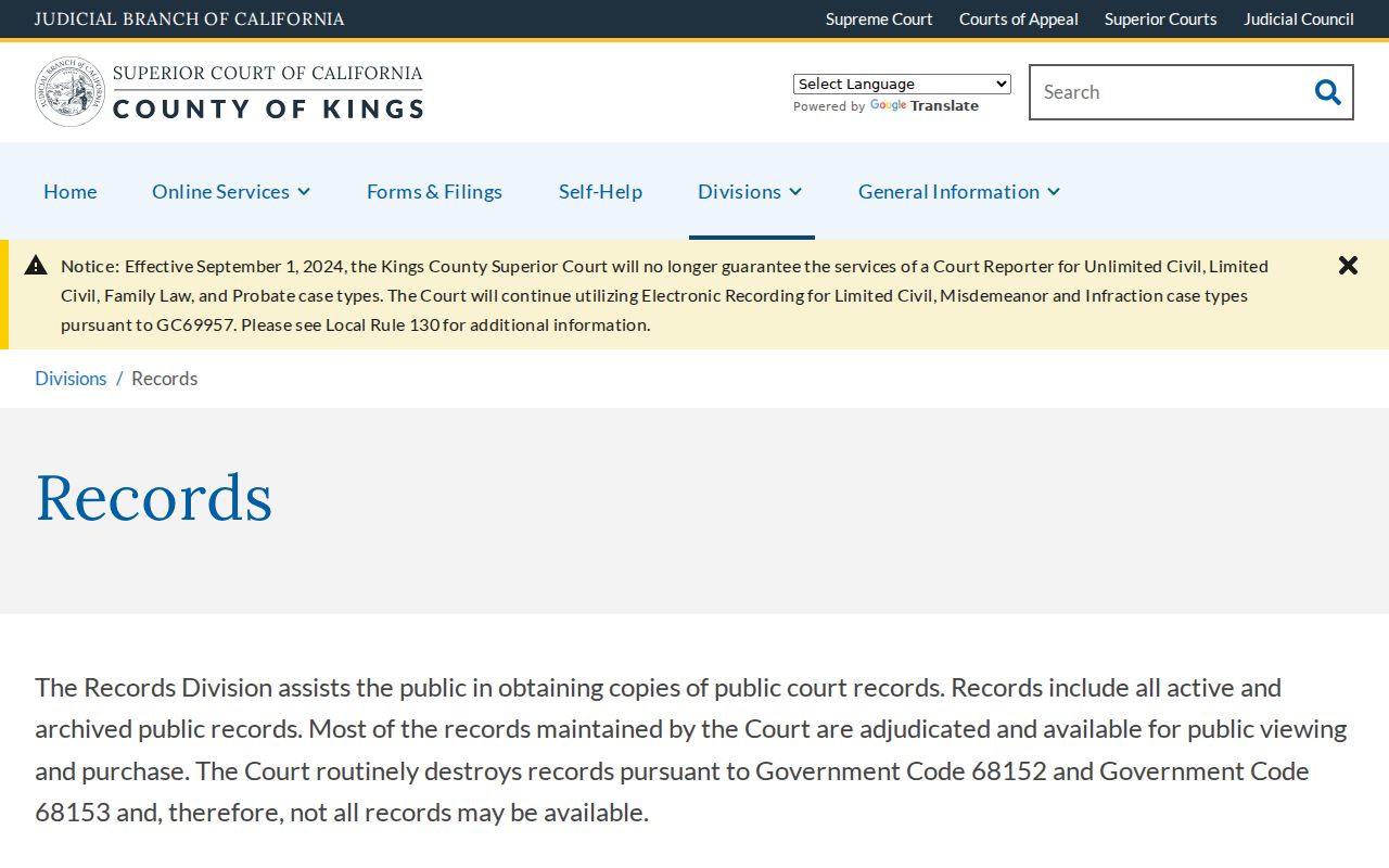Hanford resident lookup showing Kings Superior Court records access