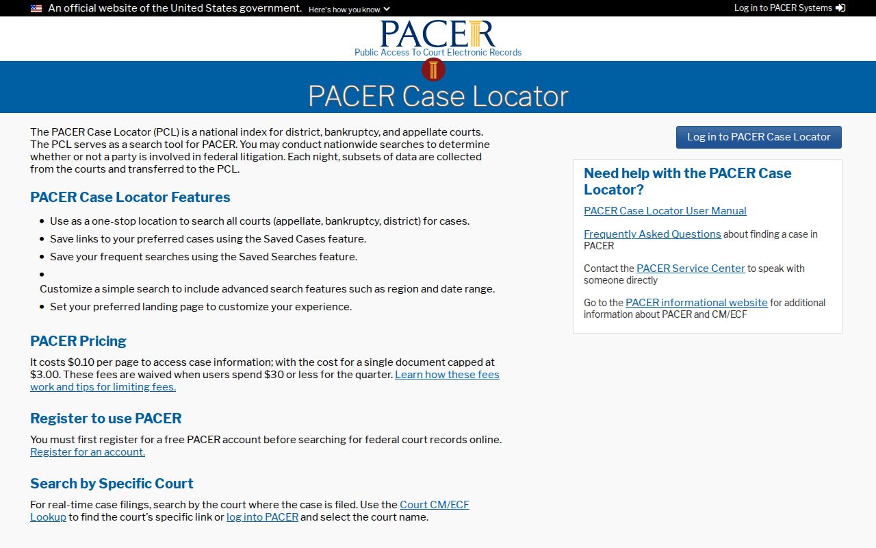 Hanford resident lookup showing the PACER federal case locator
