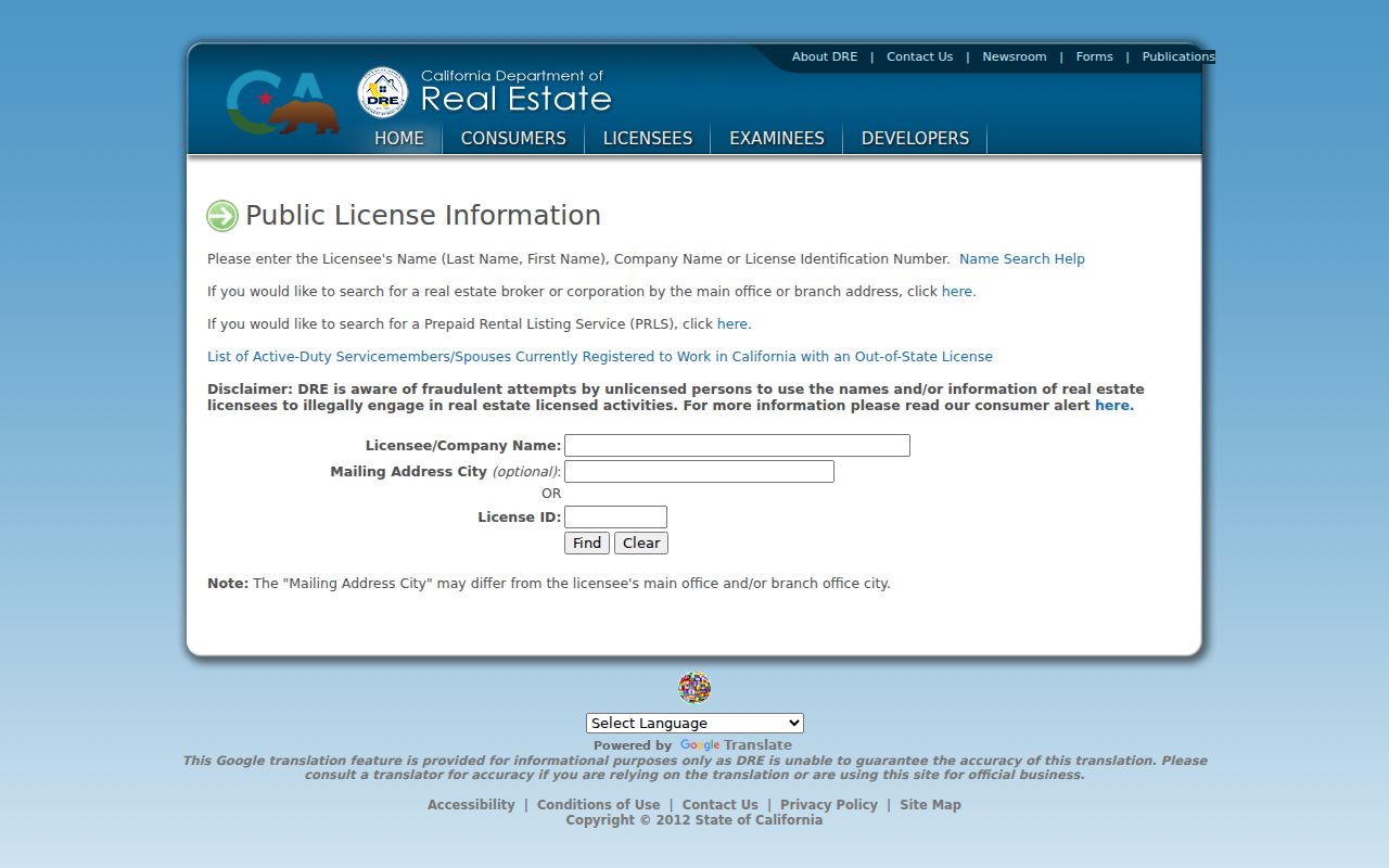 Hanford ZIP code directory California DRE public license search